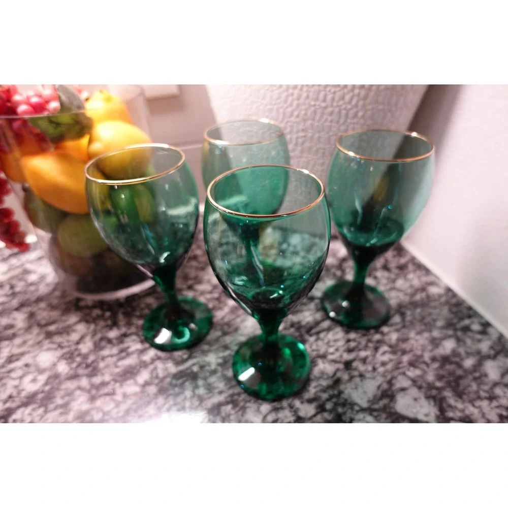 Vintage‎ Emerald Green Wine Glasses Gold Rim Stemmed Goblets Set of 4 Jewel Tone